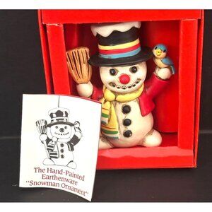 VINTAGE Hand-Painted Earthenware Snowman Ornament w Broom Bluebird Traditional